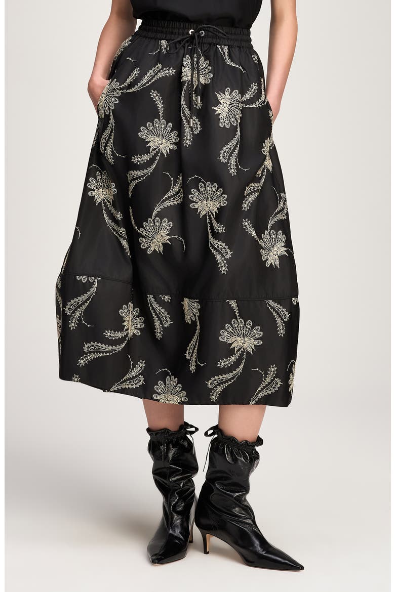 Sirani Embroidered Paisley Floral Skirt, Main, color, BLACK/ GARDENIA