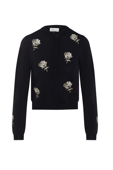 Embroidered Cropped Floral Button Front Knit Cardigan