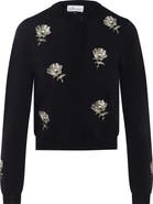 The Norway Club Embroidered Cropped Floral Button Front Knit Cardigan