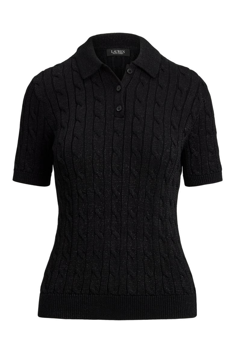 Metallic Cable Polo Sweater, Alternate, color, BLACK METALLIC