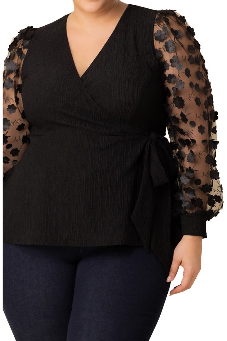 Scattered Petals 3D Sleeve Peplum Wrap Top, Alternate, color, ONYX BLOSSOMS