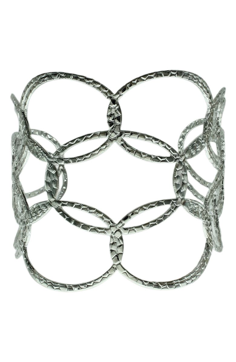 OLIVIA WELLES Detailed Oval Cutout Cuff Bracelet, Main, color, Silver