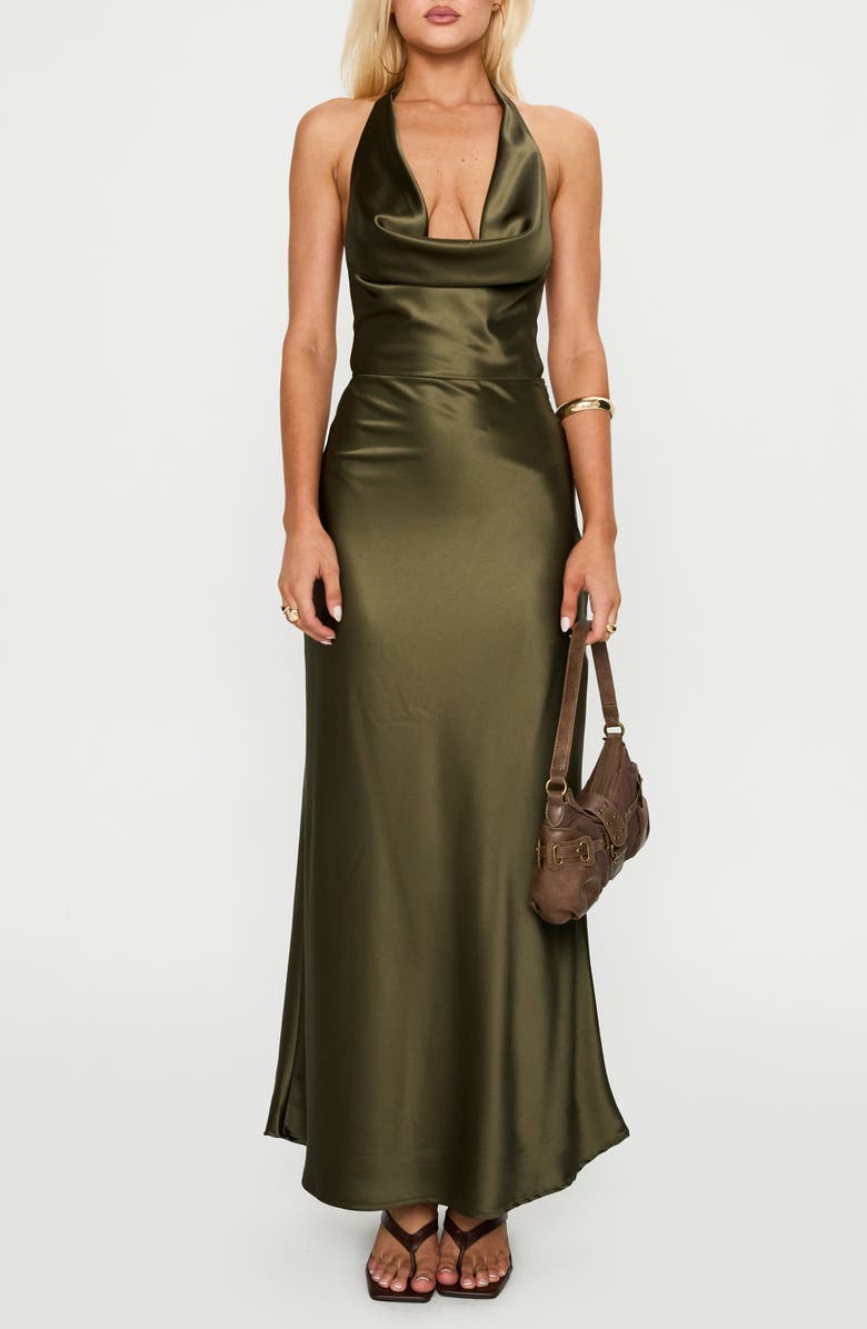 Princess Polly Plunge Neck Open Back Satin Maxi Dress, Main, color,