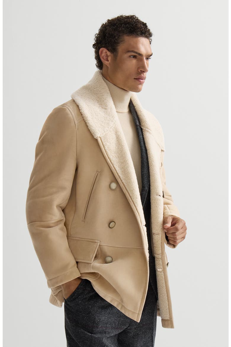 Suede curly shearling pea coat with shawl collar, Alternate, color, Sand