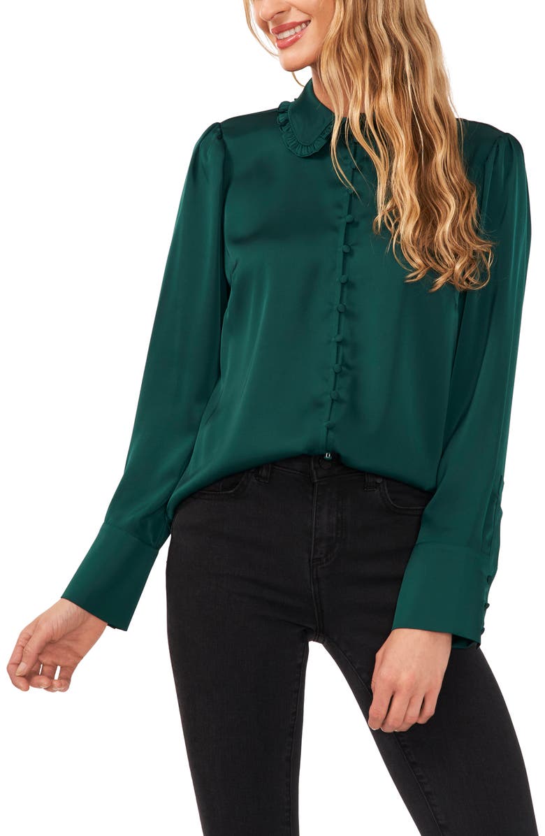 CeCe Ruffle Collar Satin Button-Up Blouse, Alternate, color, 