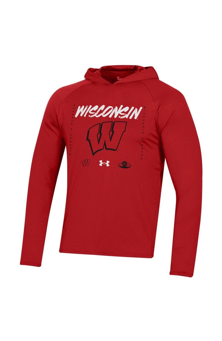 Under Armour Red Wisconsin Badgers 2023 On Court Bench Shooting Long Sleeve Hoodie T-Shirt, Alternate, color, 