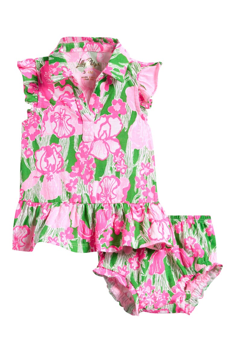 Mini Riegan Floral Flutter Sleeve Cotton Polo Dress with Bloomers, Main, color, PUTTING GREEN HANNAH