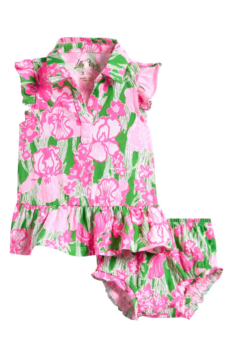 Lilly Pulitzer<sup>®</sup> Mini Riegan Floral Flutter Sleeve Cotton Polo Dress with Bloomers, Main, color, Putting Green Hannah