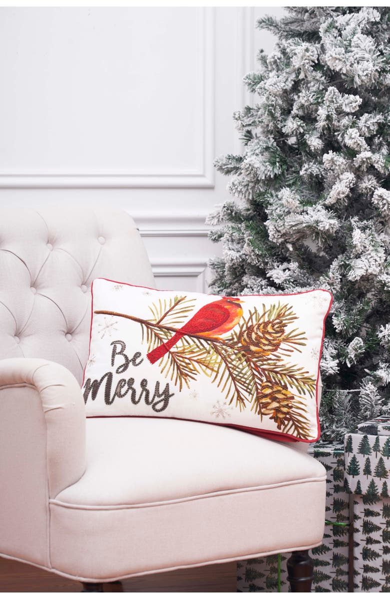 C&F Home "Be Merry" Christmas Cardinal 100% Cotton Blend Embroidered Accent Pillow 14" x 22", Alternate, color, Red