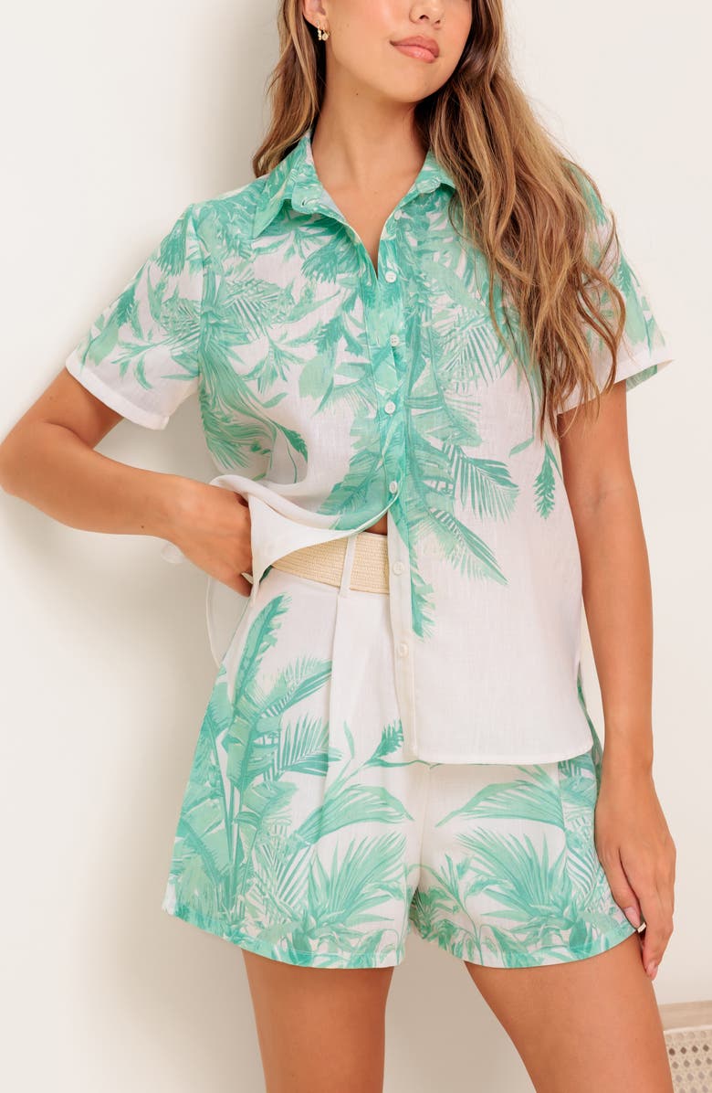 FLYING TOMATO Printed Shirt & Shorts Set, Alternate, color, Ivory Sage