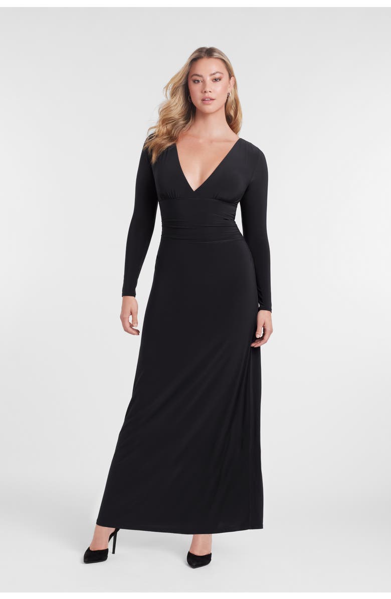 S3 Apparel Sculpting Shapewear Shirred V-Neck Long Sleeve Solid Maxi Dress, Main, color, Onyx Black