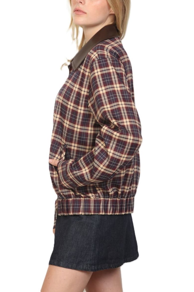 Plaid Faux Leather Collar Jacket, Alternate, color, BURGUNDY PLAID
