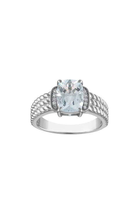 Sterling Silver Cushion Cut Aquamarine & Diamond Ring