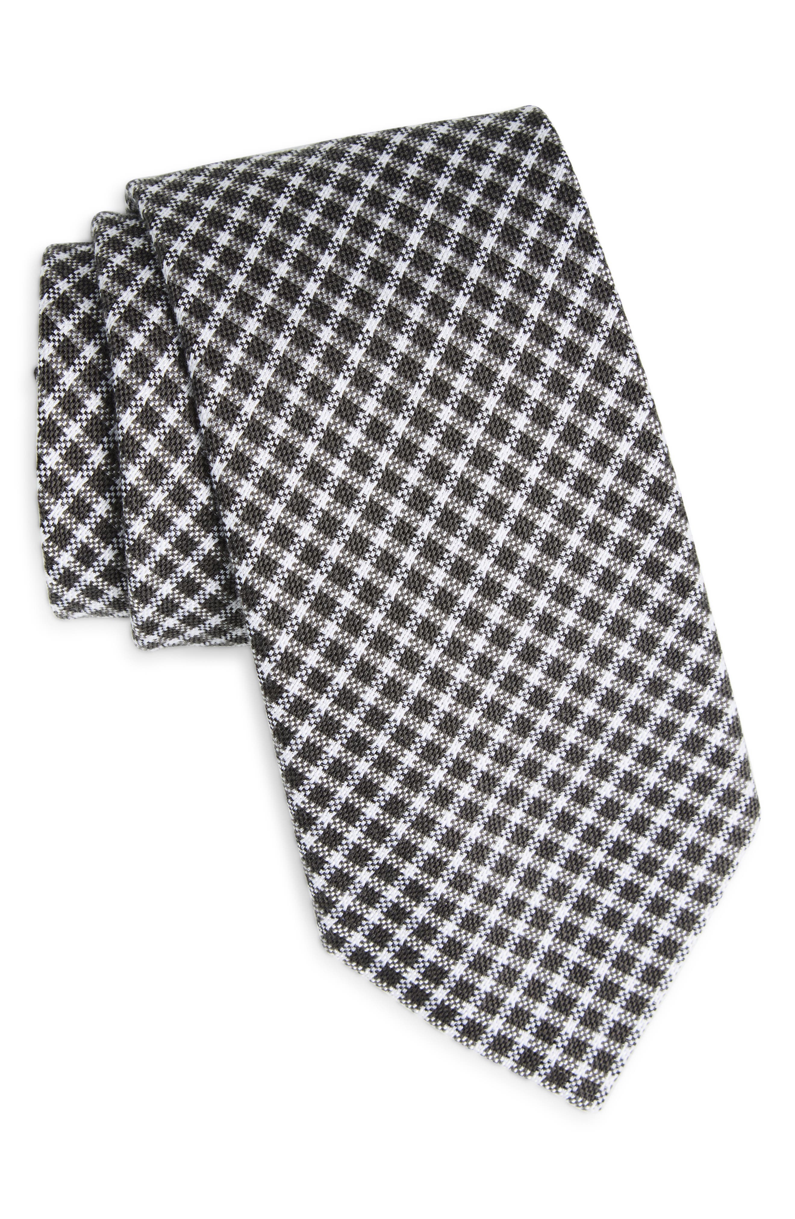 BOSS Angled Check Cotton & Silk Tie in Medium Grey 
