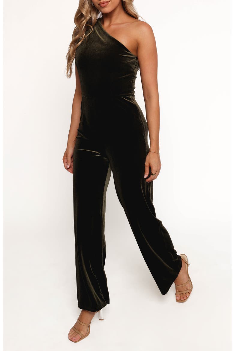 Xita Velvet One-Shoulder Jumpsuit, Alternate, color, OLIVE