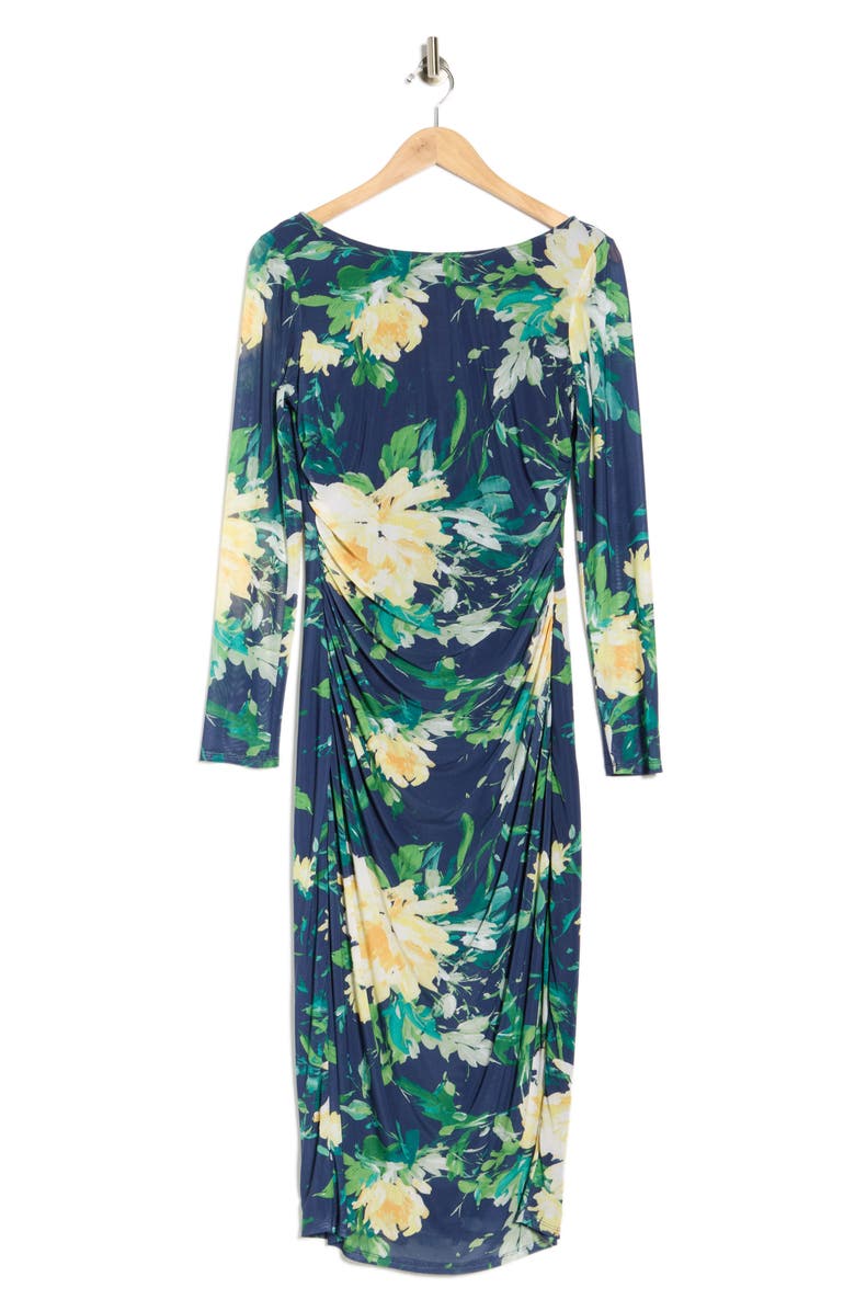 Vince Camuto Floral Long Sleeve Ruched Mesh Body-Con Dress, Alternate, color, Navy Multi