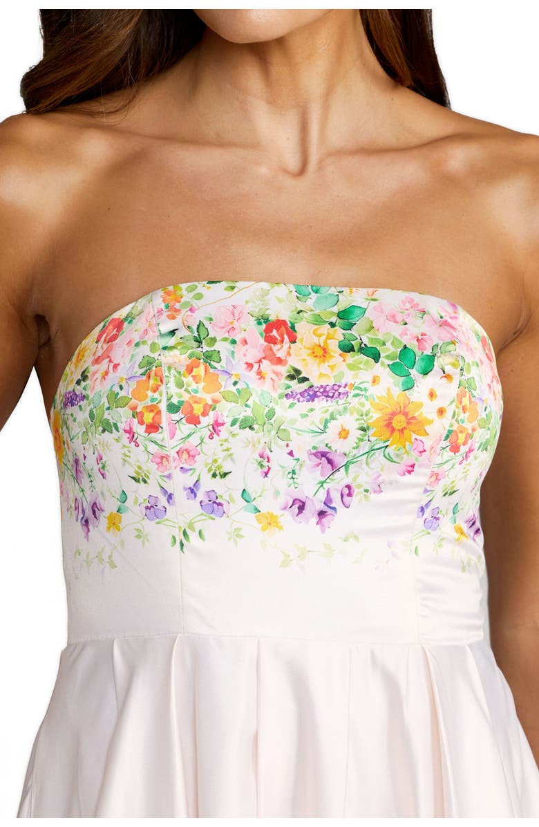 Mac Duggal Floral Print Strapless Satin A Line Gown With Pockets, Alternate, color, Ivory Multi