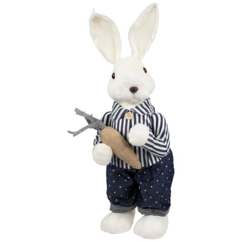 Standing Boy Bunny with Carrot Easter Figure Decoration - 19" - Navy Blue
