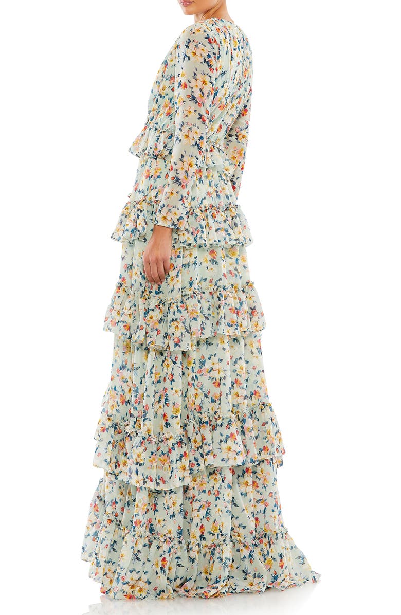 Mac Duggal Floral Printed Tiered Ruffle Long Sleeve Gown, Alternate, color, Multi