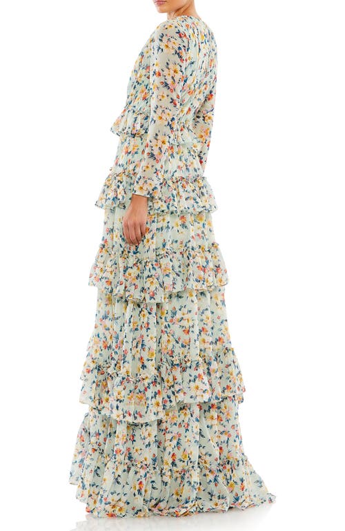 Mac Duggal Floral Printed Tiered Ruffle Long Sleeve Gown In Multi