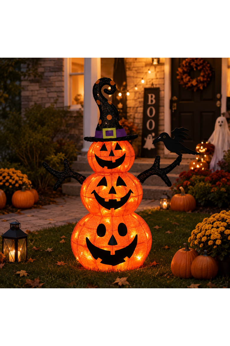 Stack of 3 Jack-o-Lantern Pumpkins with Witch Hat Halloween Light Up Decoration, Alternate, color, White