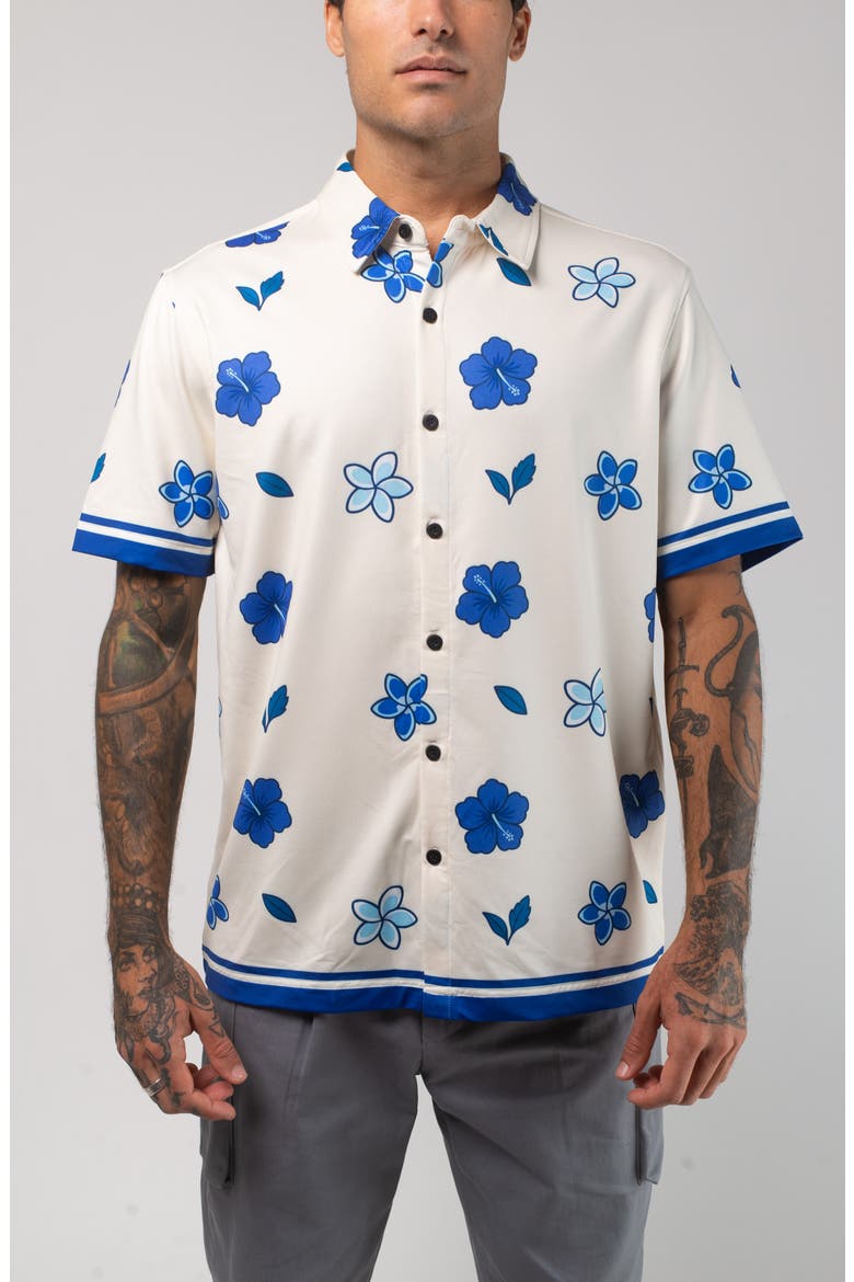 Aqua Terra Floral Dream Tech Short Sleeve Performance Button-Up Shirt, Main, color, SAND MULTI