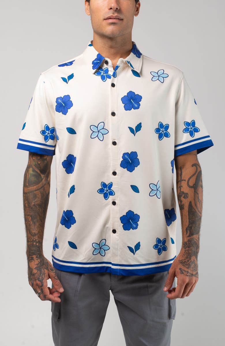 VAST Aqua Terra Floral Dream Tech Short Sleeve Performance Button-Up Shirt, Main, color, Sand Multi