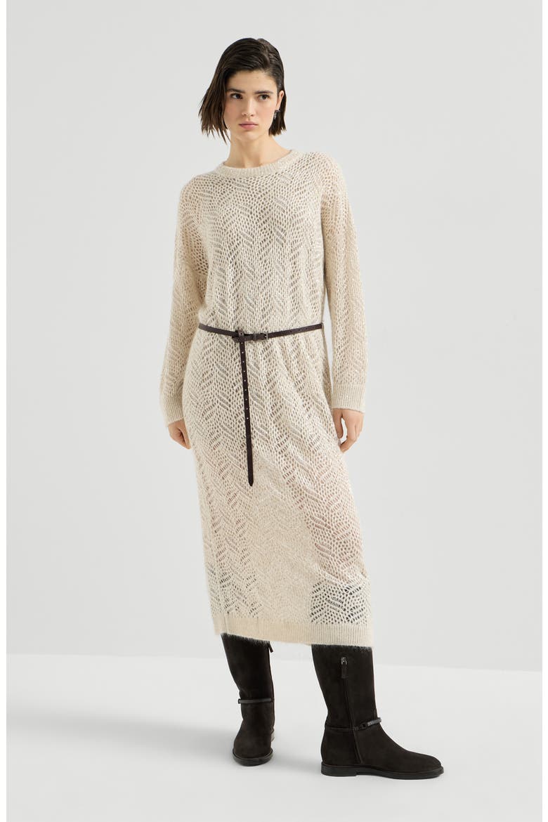 Dazzling abstract leaf knit dress in mohair and wool, Main, color, Cream
