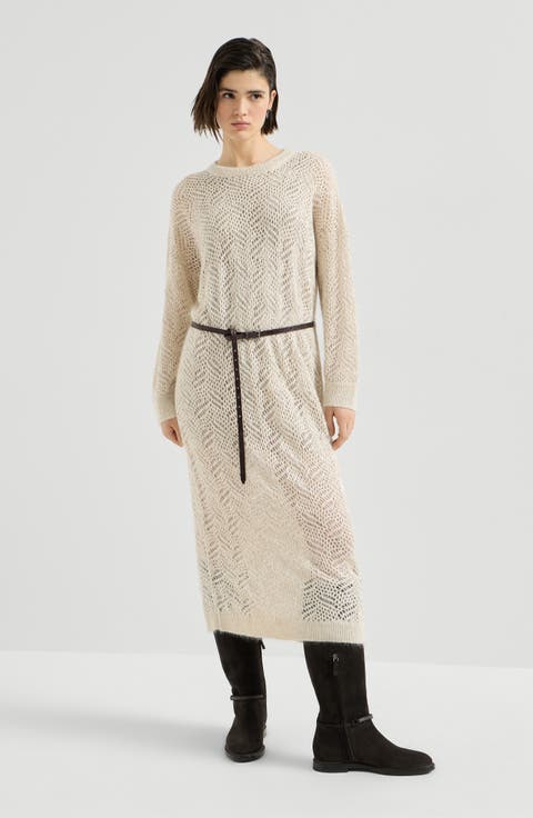 Dazzling abstract leaf knit dress in mohair and wool