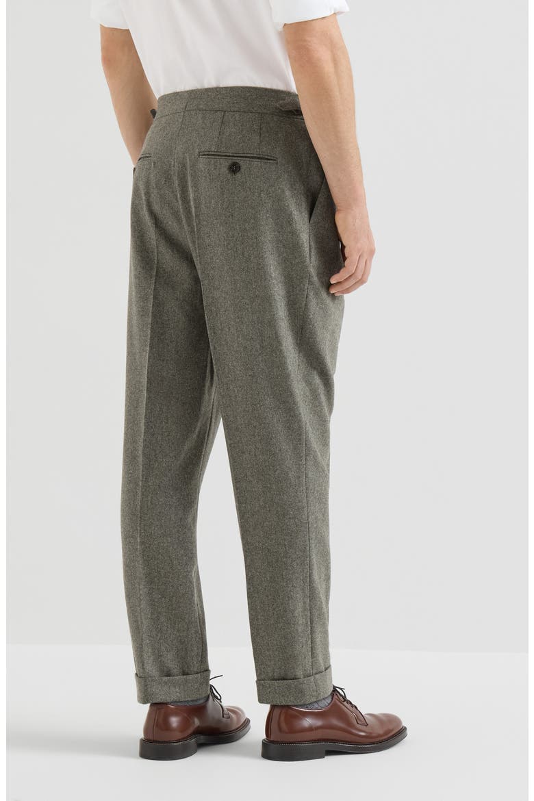 Virgin wool flannel trousers with double pleats and waist tabs, Alternate, color, Military
