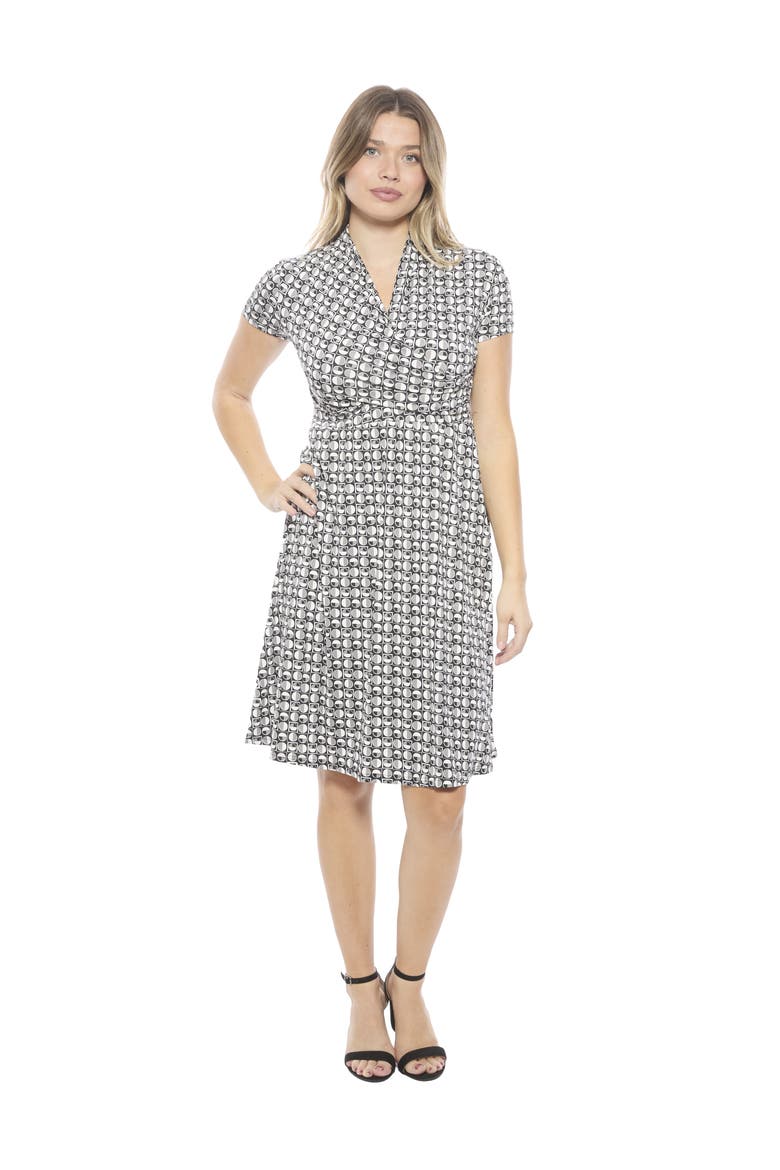 Womens Geometric V-Neck Short Sleeve Faux Wrap Knee Length A-Line Dress, Main, color, Black Multi