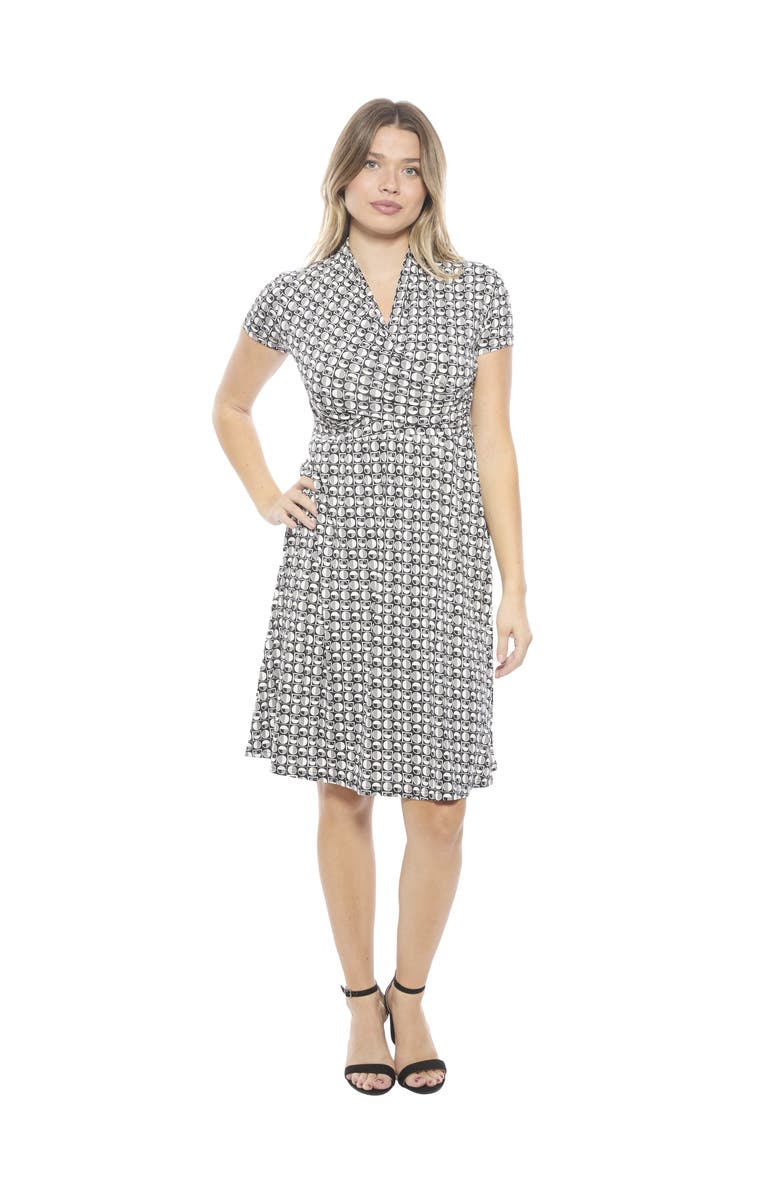 24seven Comfort Apparel Womens Geometric V-Neck Short Sleeve Faux Wrap Knee Length A-Line Dress, Main, color, Black Multi