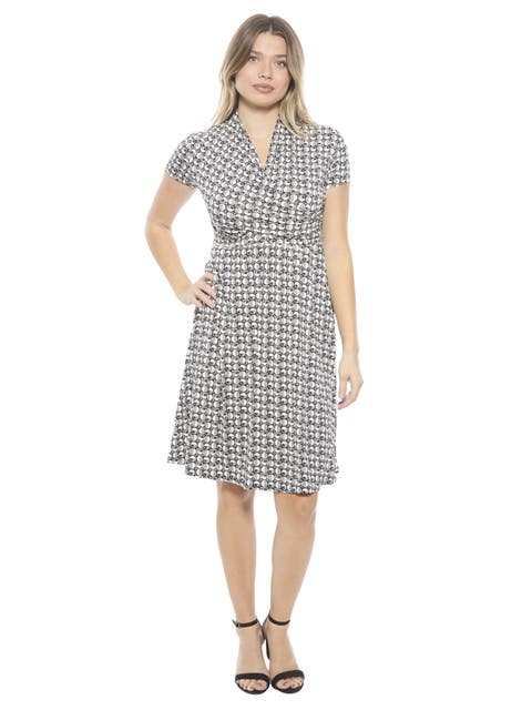 Womens Geometric V-Neck Short Sleeve Faux Wrap Knee Length A-Line Dress