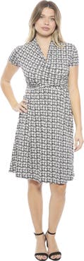 24seven Comfort Apparel Womens Geometric V-Neck Short Sleeve Faux Wrap Knee Length A-Line Dress