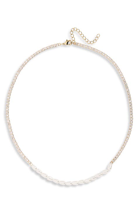 Faux Pearl & CZ Tennis Necklace