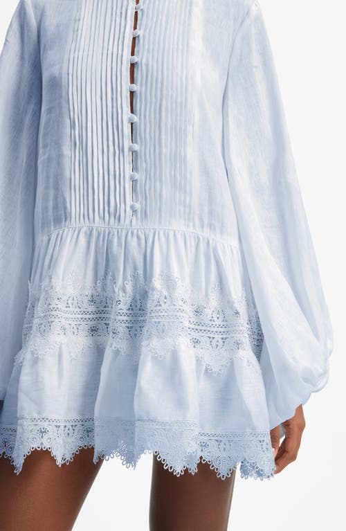 Bardot Antonia Lace Trim Long Sleeve Cotton & Linen Minidress In Blue