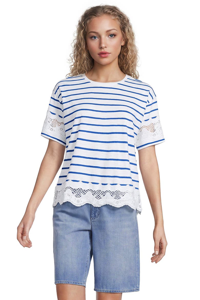 Short Sleeve Slub Jersey Cutwork T-Shirt, Alternate, color, White/Bright Blue Stripe