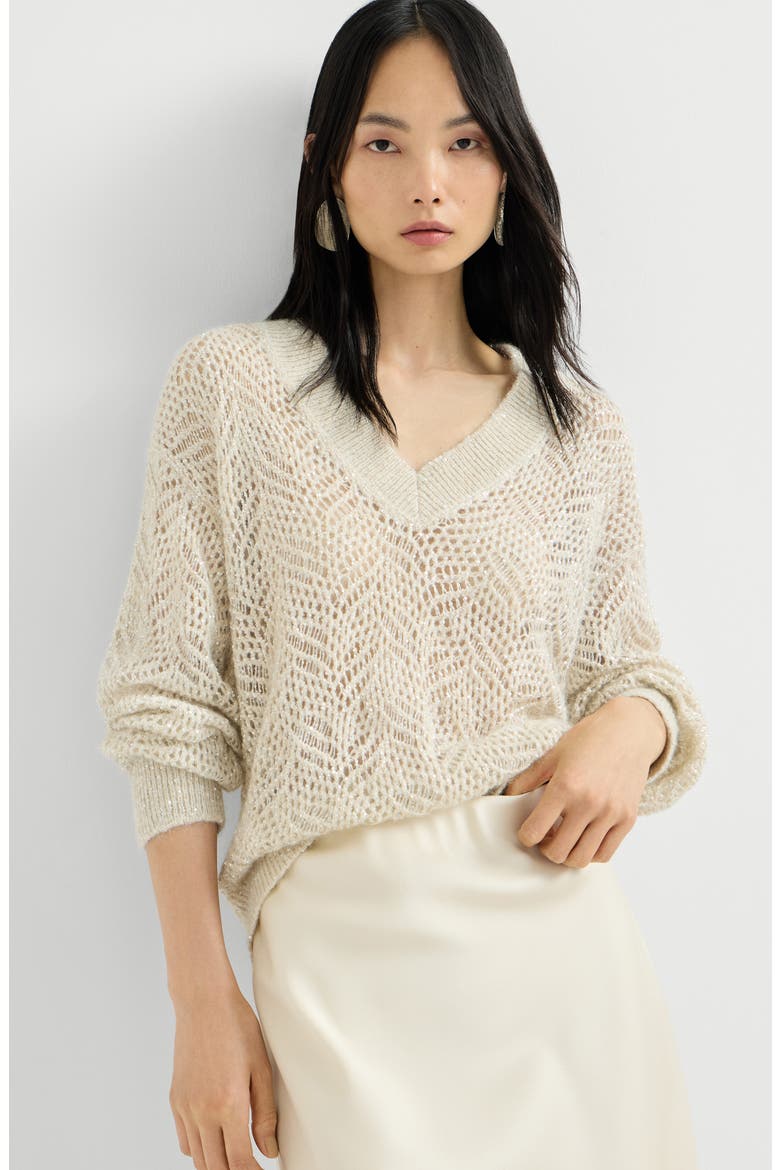 Dazzling abstract leaf sweater in mohair and wool, Alternate, color, Cream