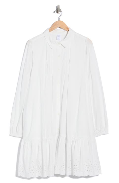 Long Sleeve Poplin Eyelet Trim Dress (Plus)