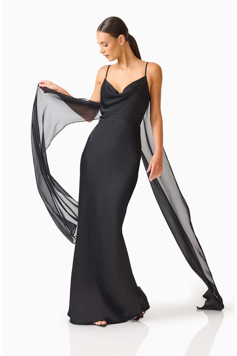 Auriella Chiffon Drape Gown, Alternate, color, BLACK