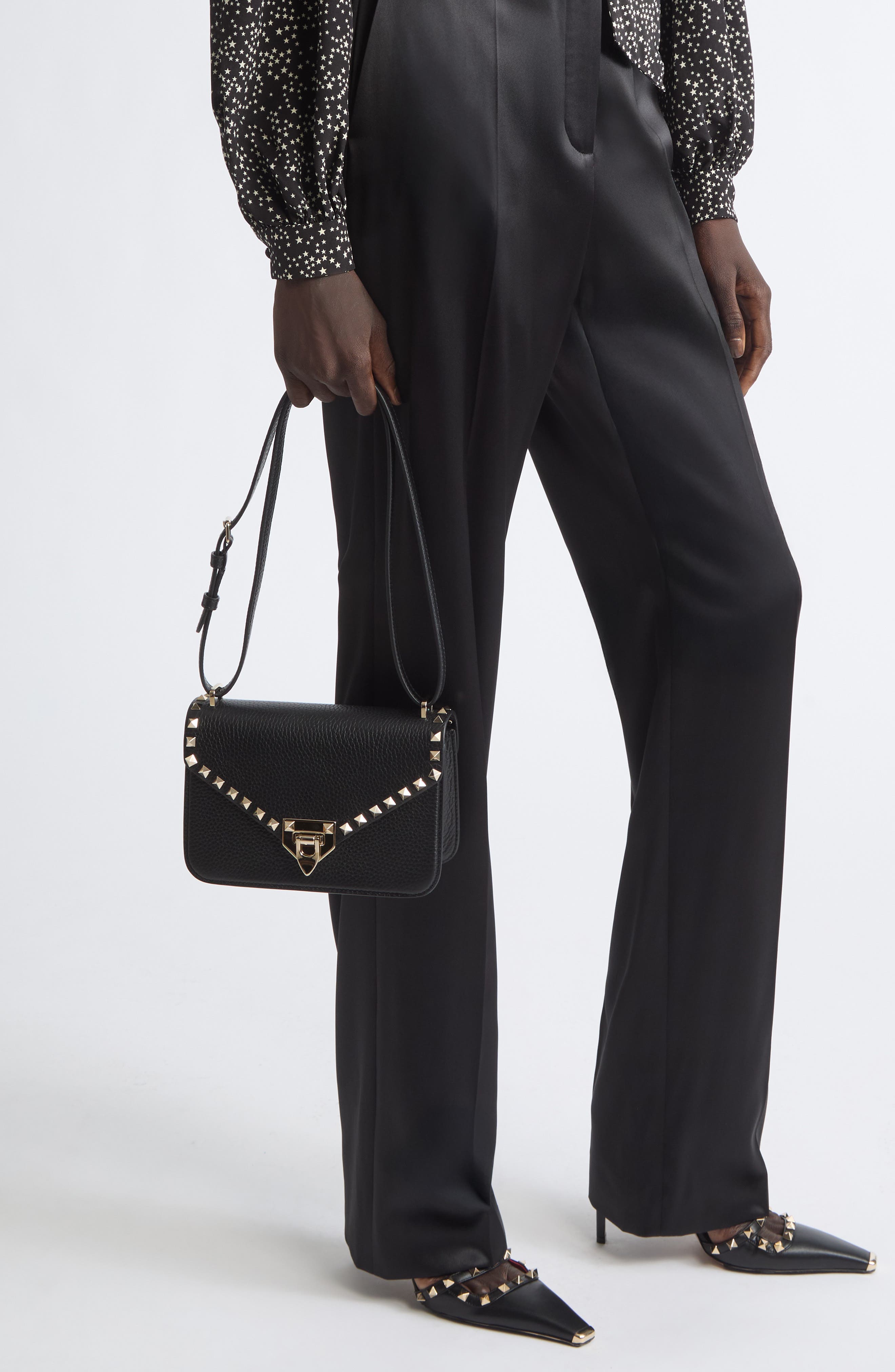 Small Rockstud Leather Shoulder Bag, Alternate, color, BLACK