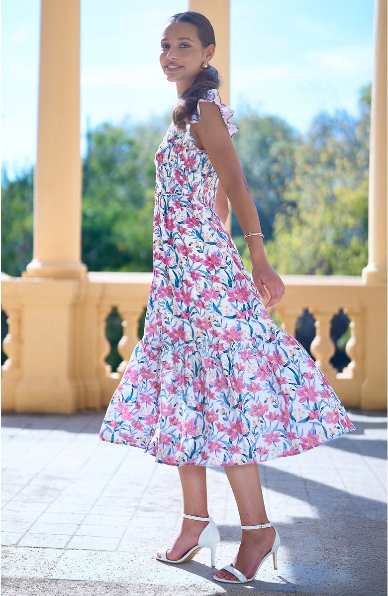 Yumi Viscose Floral Ruched Waist Midi Dress, Alternate, color, White