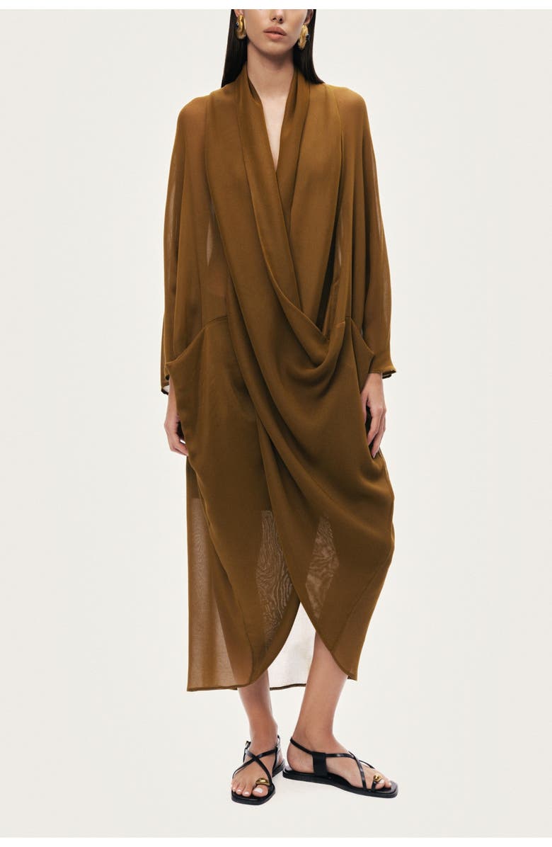 Nocturne Draped V-Neck Midi Dress, Main, color, Camel