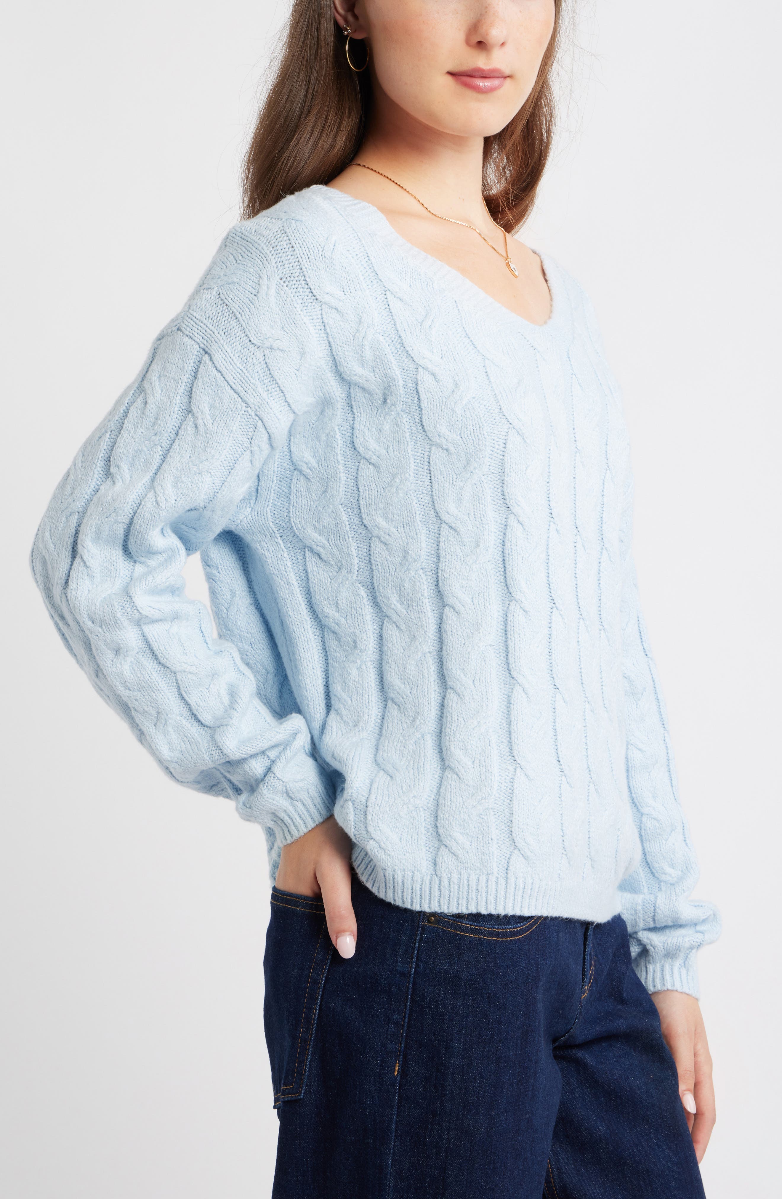 Женские свитеры BP. Cable Knit V-Neck Cotton Blend Sweater — фото 4