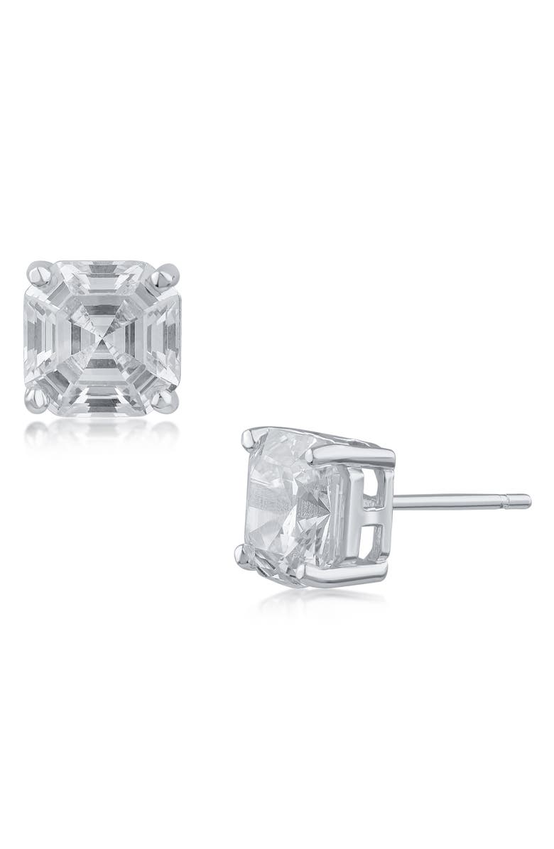 CZ by Kenneth Jay Lane Asscher Cut Cubic Zirconia Stud Earrings, Main, color, Clear Silver
