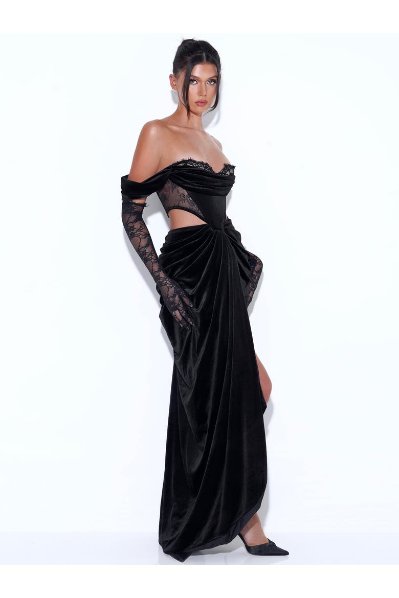 Quintessa Lace Velvet Corset Off Shoulder Gown, Alternate, color, Black