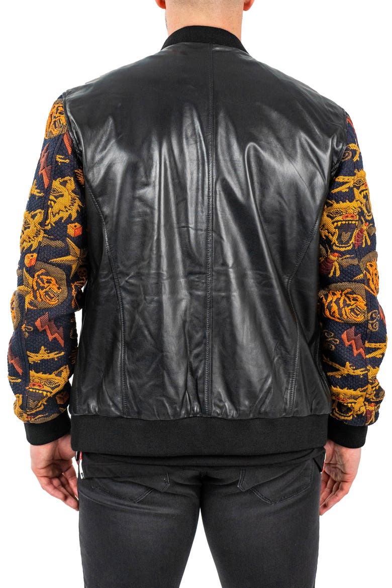 Skull Sleeve Leather Bomber Jacket, Alternate, color, BLACK