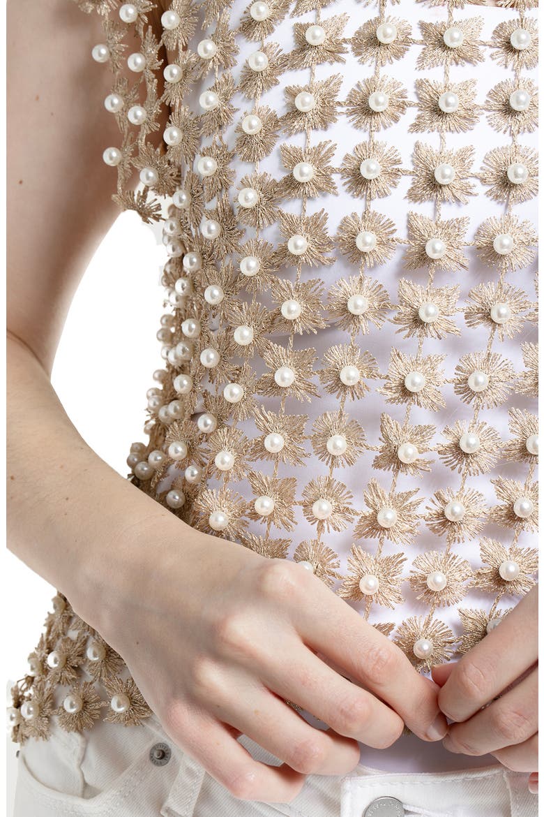 Pearly Beaded Floral Lace Top, Alternate, color, GOLD