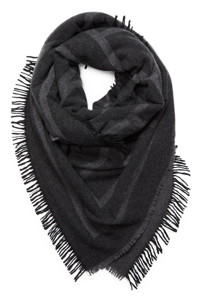 Monogram Wool & Cashmere Fringe Scarf, Alternate, color, DARK GREY MONOGRAM