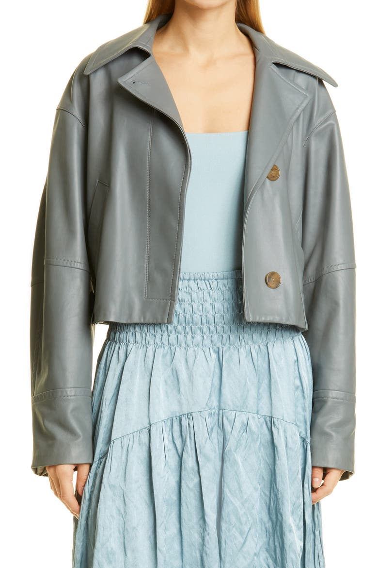 Asymmetric Crop Leather Jacket, Main, color, SEA STONE